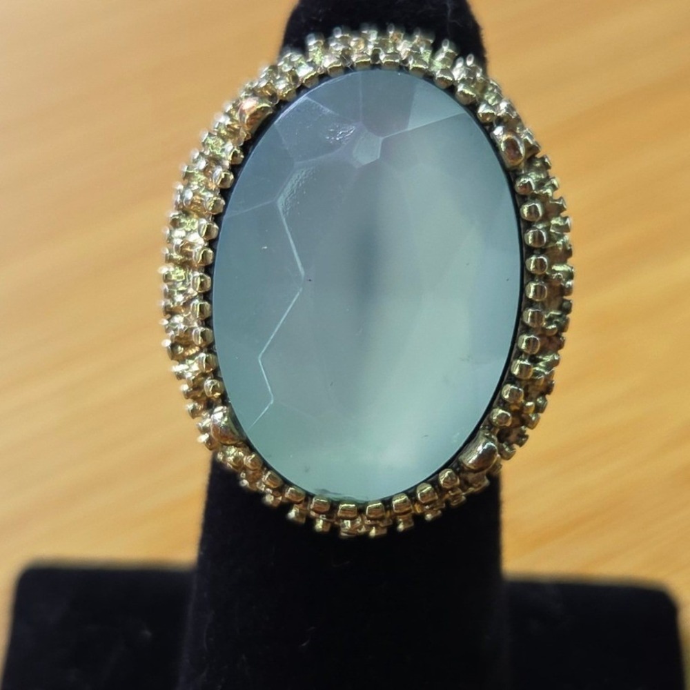 Vintage Light Blue Faceted Faux Stone Filigree Cocktail Ring Gold Tone Size 5.5
